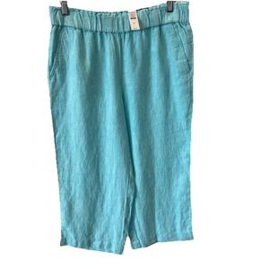 Talbots Nantucket Pull-On Wide Leg Crop 100% Linen Pants Aqua Sz Medium $98 NWT